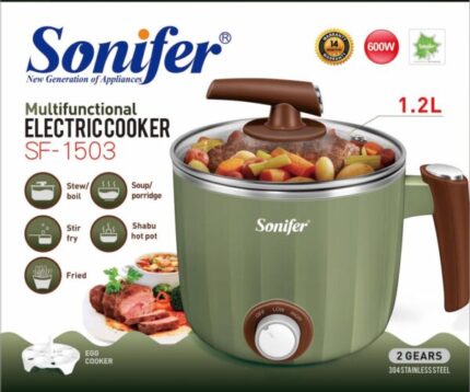 Cuisinière électrique multifonction Sonifer SF- 1503 .Capacité : 1,2 L .Réglage par bouton .Acier inoxydable 304 .Couvercle en verre .Multi-usage dans une casserole .Compact et facile à ranger .Avec cuiseur à œufs AC 220-240V 50/60Hz 600W