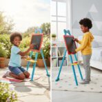 Type de produit : Tableau éducatif sur chevalet Surface : Ardoise classique pour dessin à la craie Structure : Stable et légère en plastique coloré Atout Design : Poignée en forme d'ourson pour un transport facile Accessoire Pratique : Plateau de rangement intégré pour craies et effaceur – Image 4