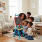 Type de produit : Tableau éducatif sur chevalet Surface : Ardoise classique pour dessin à la craie Structure : Stable et légère en plastique coloré Atout Design : Poignée en forme d'ourson pour un transport facile Accessoire Pratique : Plateau de rangement intégré pour craies et effaceur – Image 2