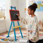 Type de produit : Tableau éducatif sur chevalet Surface : Ardoise classique pour dessin à la craie Structure : Stable et légère en plastique coloré Atout Design : Poignée en forme d'ourson pour un transport facile Accessoire Pratique : Plateau de rangement intégré pour craies et effaceur – Image 3