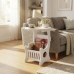 Table d'Appoint Ronde Blanche avec Range-Revues – Petite Table de Chevet / Salon – Image 2