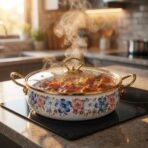Cocotte Émaillée LONG FEI 30cm 5L avec Couvercle Verre – Motif Fleurs Bleues, Tous Feux – Image 4
