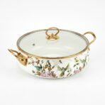 Cocotte Émaillée LONG FEI 30cm 5L avec Couvercle Verre – Motif Oiseaux & Fleurs, Tous Feux