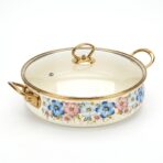 Cocotte Émaillée LONG FEI 30cm 5L avec Couvercle Verre – Motif Fleurs Bleues, Tous Feux