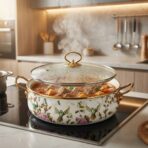 Cocotte Émaillée LONG FEI 30cm 5L avec Couvercle Verre – Motif Fleurs Bleues, Tous Feux – Image 2