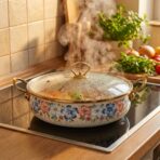 Cocotte Émaillée LONG FEI 30cm 5L avec Couvercle Verre – Motif Fleurs Bleues, Tous Feux – Image 3